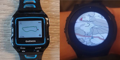 Différence entre le détail des cartes sur deux montres Garmin