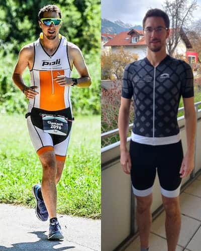 Clément wearing a sleeveless tri suit and a short sleeves tri suit
