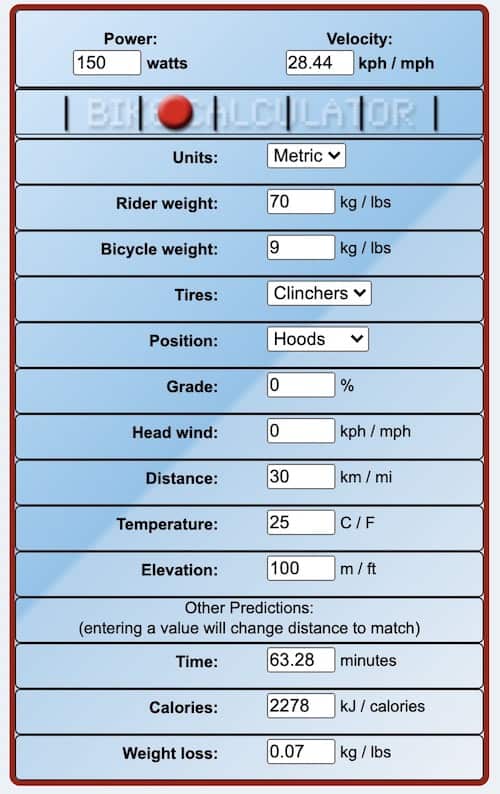 example from bikecalculator.com